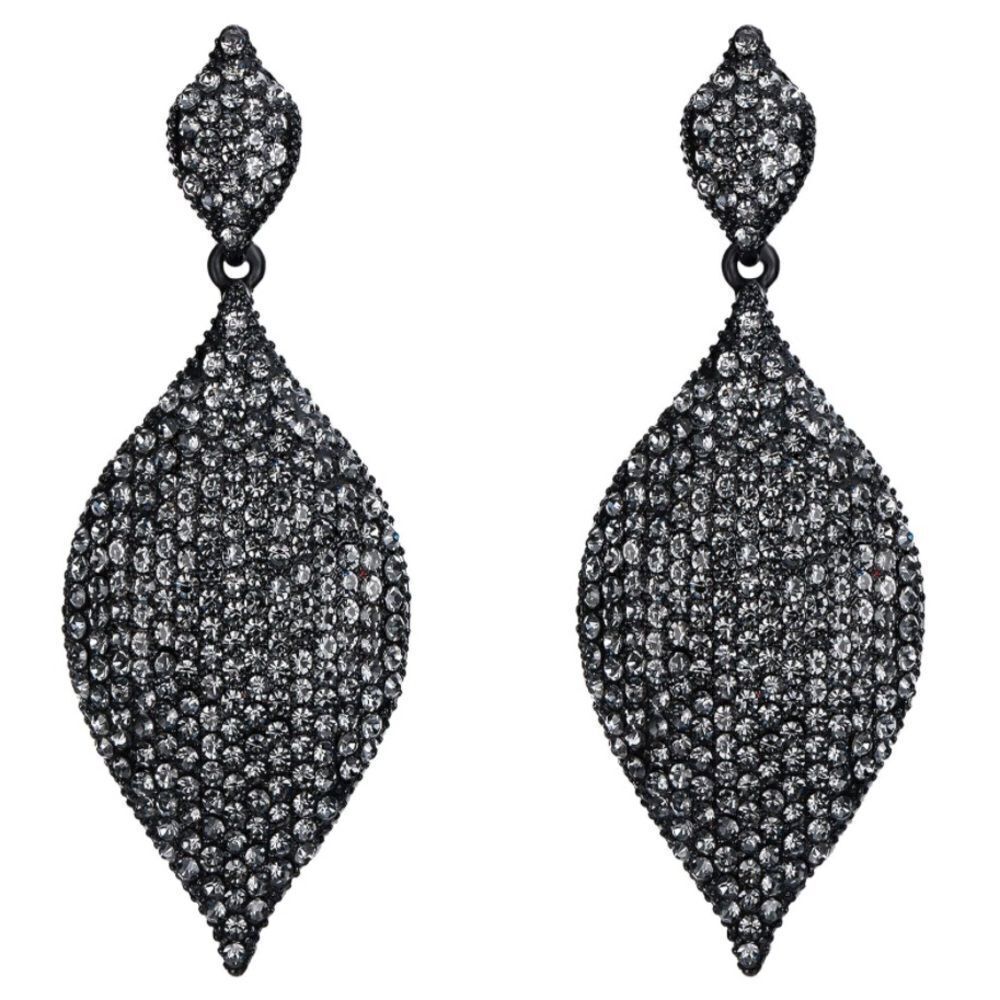 Carbon Black with Gray Austrian Crystal Rhombus Leaf Chandelier Post Earrings